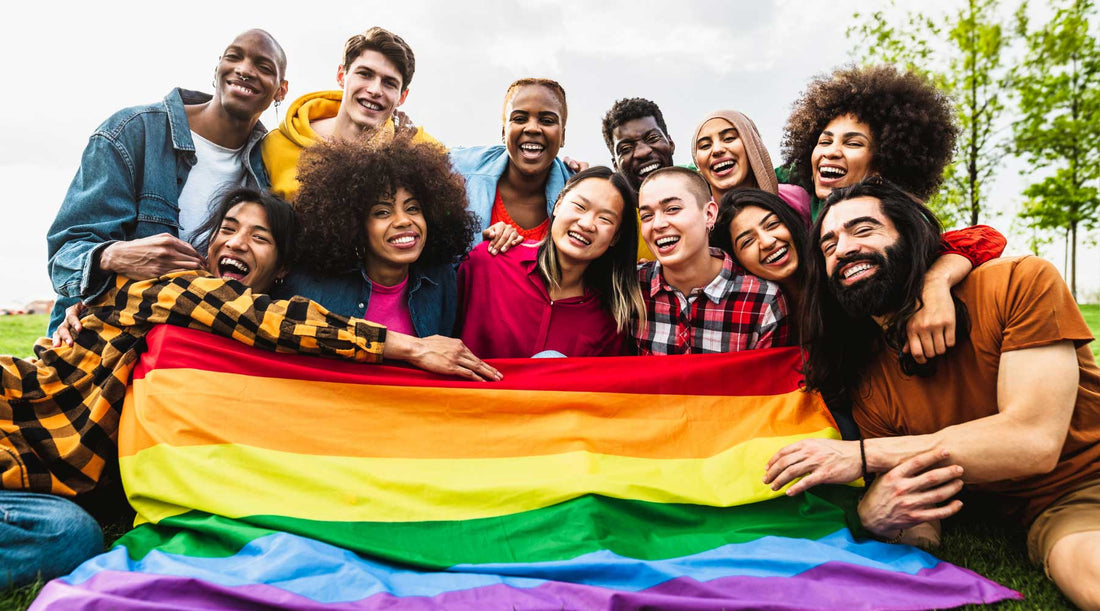 Group of people celebrating pride outside and holding up a pride flag.